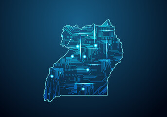 Abstract futuristic map of uganda. Circuit Board Design Electric of the region. Technology background. mash line and point scales on dark with map.