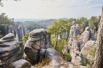 Sandstone rock formations in Prachovske skaly near Jicin - hikers and climbers paradise