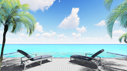 Reclining chair near a swimming pool, sea blue sky  background