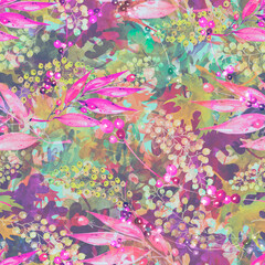Obraz na płótnie Canvas seamless watercolor pattern of autumn leaves. maple and oak leaf. stylish pattern. Abstract paint splash. Vintage Paper Background. autumn leaf.Berries, currants, lingonberries.Grapevine and leaves. 