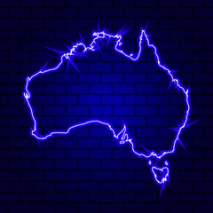 Australia glowing neon sign on brick wall background