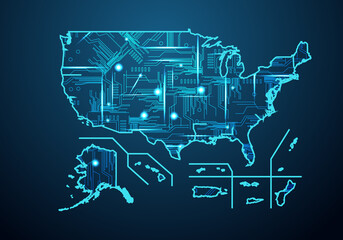 Abstract futuristic map of usa Territories. Circuit Board Design Electric of the region. Technology background. mash line and point scales on dark with map.