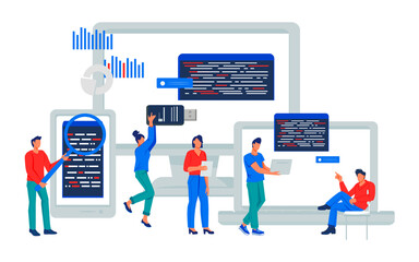 Adaptive software development and programming. Programmers testing and developing cross platform website or app. Multi device development and engineering, flat vector illustration isolated.