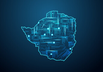 Abstract futuristic map of zimbabwe. Circuit Board Design Electric of the region. Technology background. mash line and point scales on dark with map.