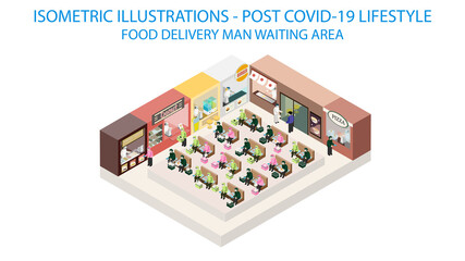 New normal life style in Take away delivery area, wearing mask and social distancing. Isometric detailing view point.