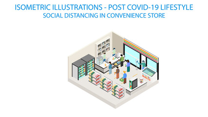 New normal life style in Convenience store, wearing mask and social distancing. Isometric detailing view point.