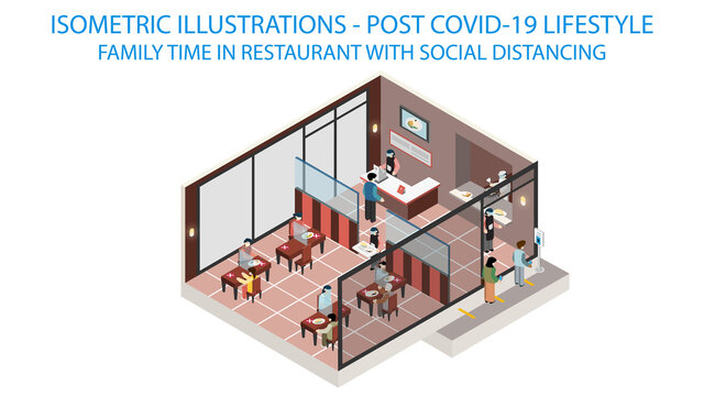 New normal life style in restuarant, wearing mask and social distancing. Isometric detailing view point.