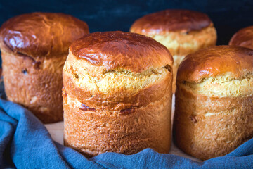 Freshly baked Easter cake cools down. Lots of different sizes. Traditional Kulich, Paska Easter Bread