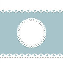 lacy frame and border template. cute round doily on blue background with scallop border. cute template for baby shower, wedding and scrapbooking design. lace decoration element for vintage albums. - obrazy, fototapety, plakaty