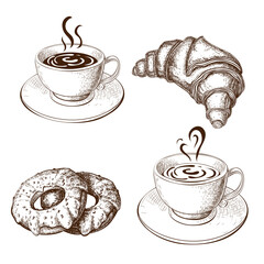 Coffee cups, croissant, donuts drawing, illustration isolated on white. Sketch of hot cup of coffee or tea and fresh pastry, vintage engraved style. sweet breakfast, morning time design element.