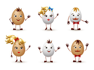 egg characters set isolated. cute cartoon eggs family or friends. boy, girl, mother and father food characters realistic 3d illustration. concept of funny eggshells with cheerful smiling faces.