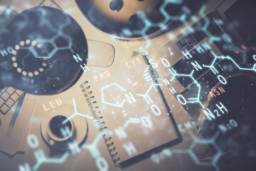 Double exposure of tech formula drawing and work table top veiw. concept of education.