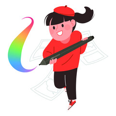 Manga writer. Graphic illustrator. A female writer character holding a large tablet pen and wielding it.