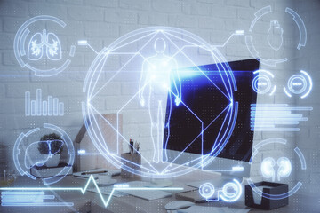 Double exposure of education theme drawing and office interior background. Concept of science.