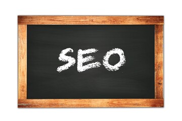 SEO text written on wooden frame school blackboard.