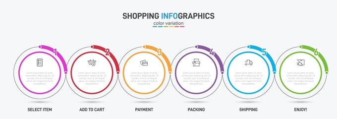 Concept of shopping process with 6 successive steps. Six colorful graphic elements. Timeline design for brochure, presentation, web site. Infographic design layout.