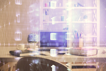 Double exposure of data theme drawing and office interior background. Concept of technology.