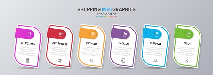 Concept of shopping process with 6 successive steps. Six colorful graphic elements. Timeline design for brochure, presentation, web site. Infographic design layout.