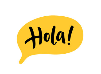 Hola word lettering. Spanish hello text. Hand drawn quote. Brush calligraphy phrase. Vector illustration for print on shirt, card, poster etc. Black and white.