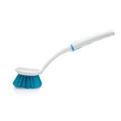 White plastic brush with long handle for cleaning food waste. Dishwashing brush isolated on white background. Household products.
