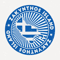 Zakynthos Island round stamp. Logo of island with flag. Vintage badge with circular text and stars, vector illustration.