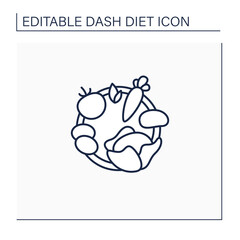Healthy ingredients line icon. Healthy nutrition like carrot, eggs, potato, tomato, cabbage, parsley. Nutrient-rich organic food. Dash diet concept. Isolated vector illustration.Editable stroke