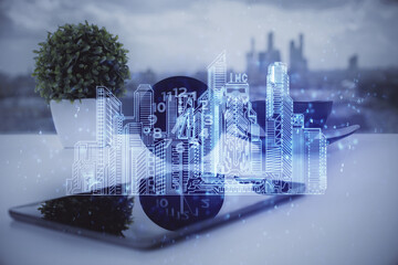 Double exposure of town sketch over cell phone background. Concept of smart city