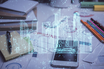 Double exposure of town sketch over cell phone background. Concept of smart city