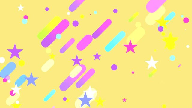 Looped motion graphics of colorful gradient rounded rectangles, stars, and dots pattern on yellow background.