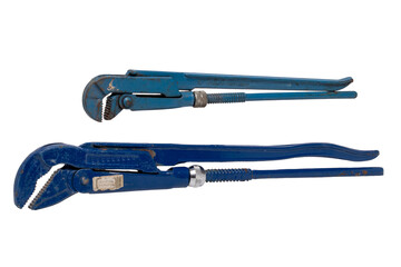 Fototapeta premium Plumbers tool isolated. Close-up of two adjustable blue pipe spanners, spanners, pliers or plumbers tools isolated on a white background. Macro.