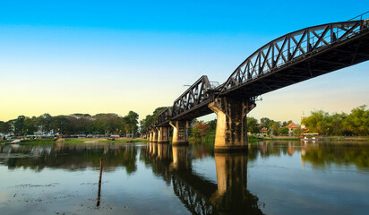 Fototapeta na wymiar River Kwai bridge with the blue sky in Kanchanaburi is the wonderful place