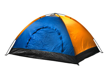 orange and blue camping tent isolate on white background © KSKittisak