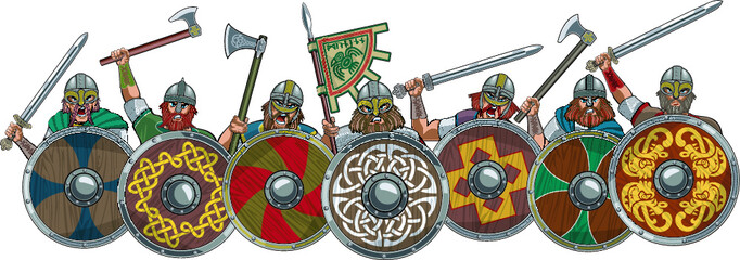 Medieval viking warrior shield wall - obrazy, fototapety, plakaty