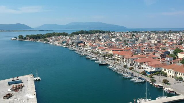 Aerial view over the seaside Preveza city port in Epirus, Greece