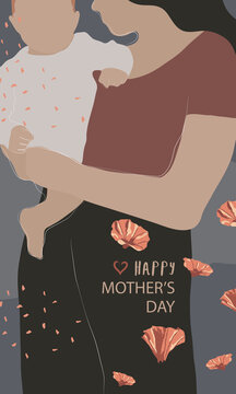 Mom holding a baby in her arms with floral decor, simple illustration for mother's day in flat and lined style and muted colors. Vectored, suitable for banners, ads, social media, posters, prints... 