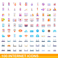 Fototapeta premium 100 internet icons set. Cartoon illustration of 100 internet icons vector set isolated on white background