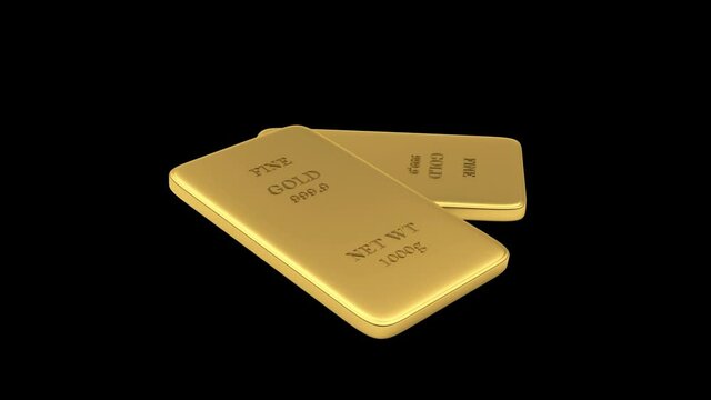 Two gold bars rotate on black in 3D animation. Alpha channel. 4K resolution 
