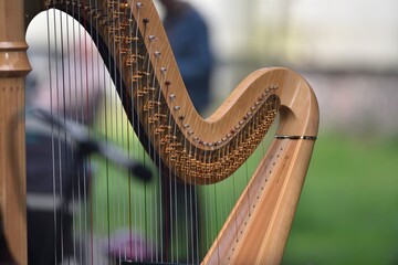 harp with hands playing musician during a classical music concert 