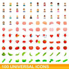 100 universal icons set. Cartoon illustration of 100 universal icons vector set isolated on white background