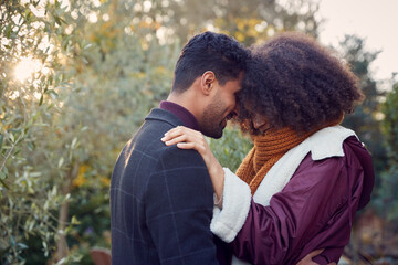 Loving Young Couple Hugging Outdoors In Fall Or Winter Countryside