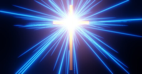 Render with a cross on a background of blue glowing rays