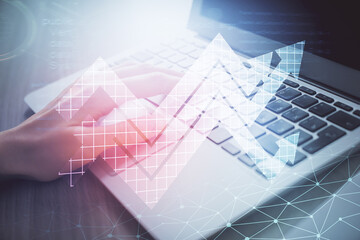 Double exposure of woman hands typing on computer and arrows drawing. Success concept.