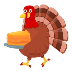 Thanksgiving turkey with piece cake icon. Cartoon of Thanksgiving turkey with piece cake vector icon for web design isolated on white background