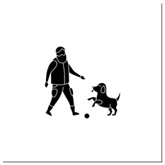 Pets benefits glyph icon. Puppy provide companionship. Man plays with dog.Animal caring concept. Filled flat sign. Isolated silhouette vector illustration
