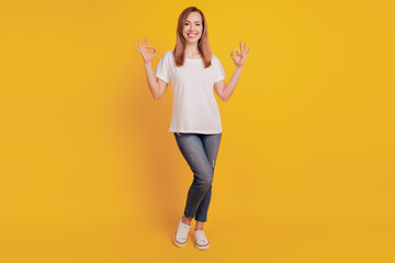 Fototapeta na wymiar Cheerful charming lovely woman showing hand ok sign on yellow background