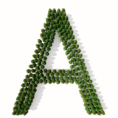 Concept or conceptual group of green forest tree isolated on white background, the font A. 3d illustration metaphor for nature, conservation, global warming, environment, ecology, climate