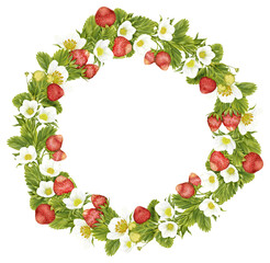 Strawberry berries and white flowers wreath with green leaves