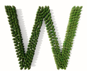 Concept or conceptual group of green forest tree isolated on white background, the font W. 3d illustration metaphor for nature, conservation, global warming, environment, ecology, climate