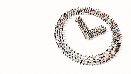Concept conceptual large community of people forming the clock icon. 3d illustration metaphor for time, countdown,  chronometer, business and deadline