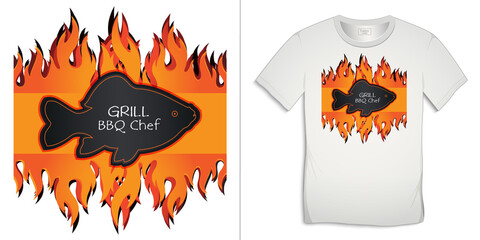 Graphic design of carp BBQ and grill t-shirts, grilled fish on fire, blackboard with chalk text vector